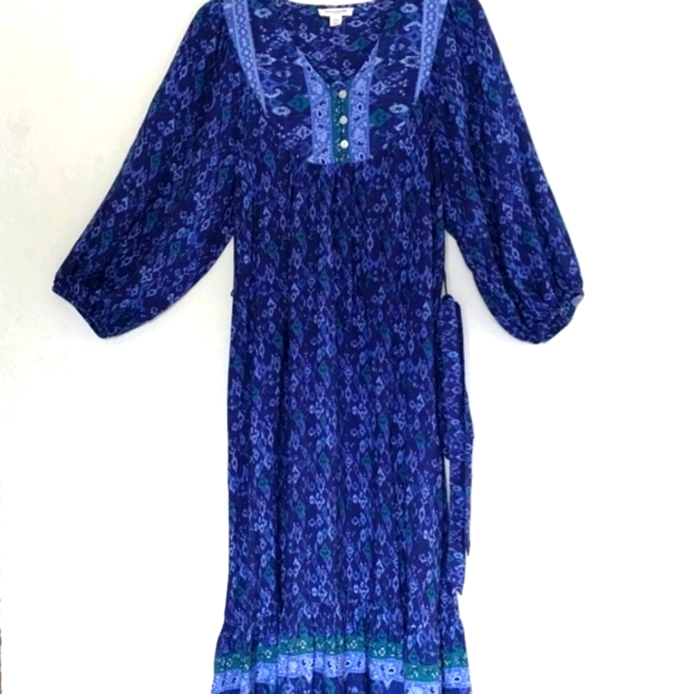 Beach Lunch Lounge MIDI DRESS  Sleeve Detach Sash CottageCore CHIC Size Small